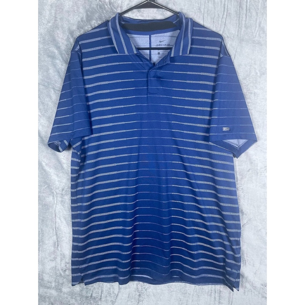 Nike Tiger Woods Men's Golf Dri Fit Polo Shirt Blue White Striped Size Large